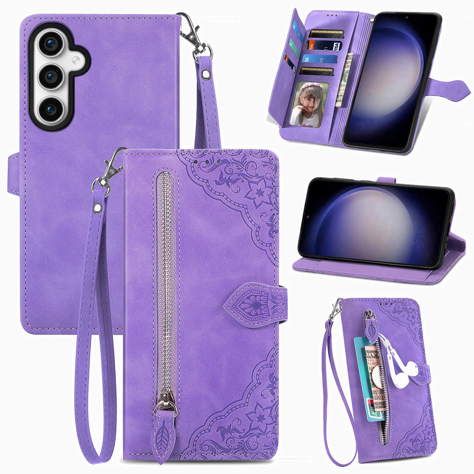 For Samsung Galaxy S23 FE Wallet Stand Zipper Pocket Phone Leather Case Flower Imprinted Phone Cover For Samsung Galaxy S23 FE Wallet Stand Zipper Pocket Phone Leather Case Flower Imprinted Phone Cover